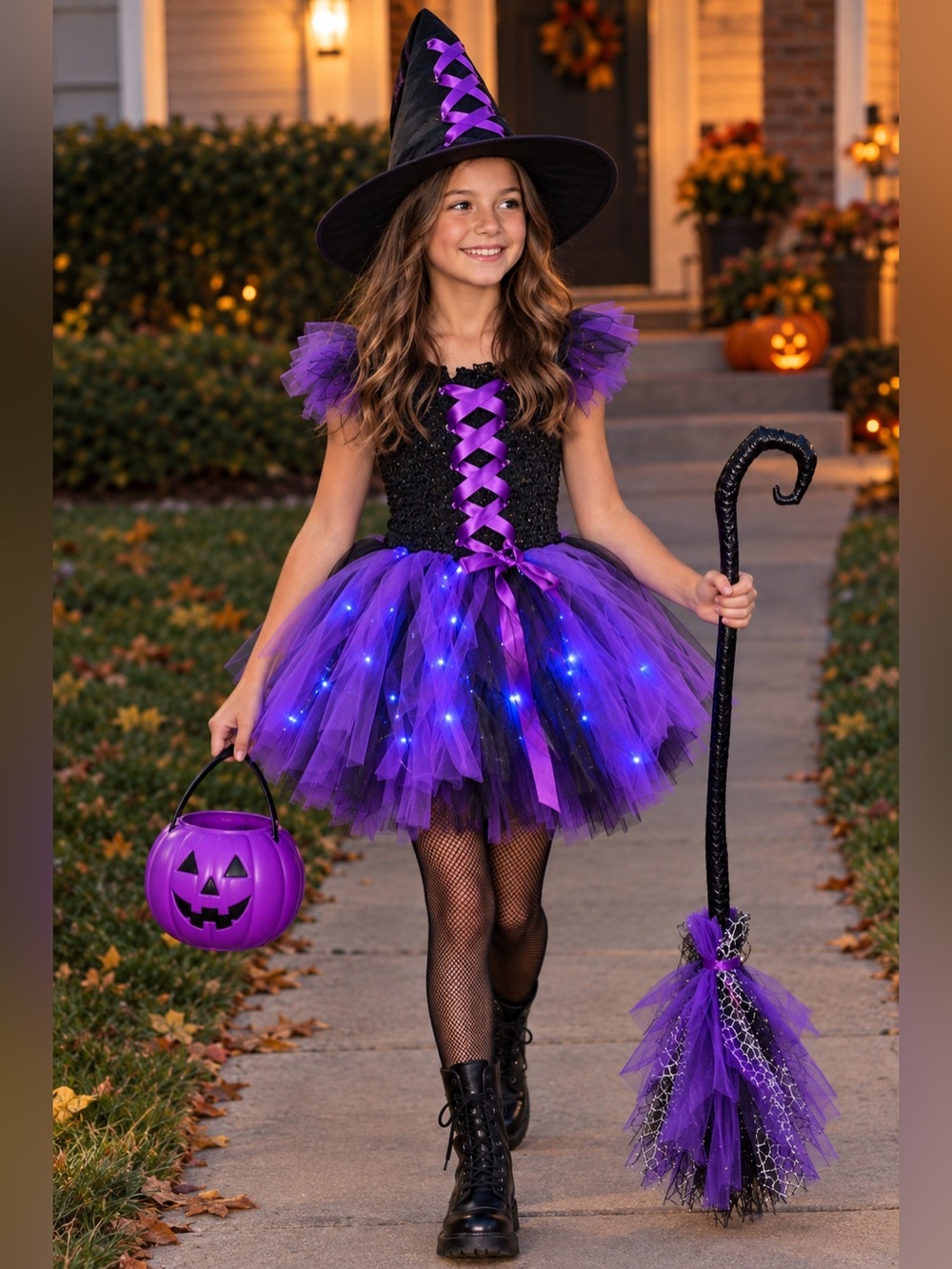 TuTu Dreams Girls Purple LED Witch Costume Dress with Hat and Tutu Size M NWT